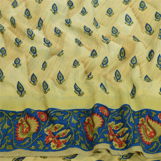 Sanskriti Vintage Sarees Cream Indian Pure Crepe Silk Printed Sari Craft Sustainable Fabric
