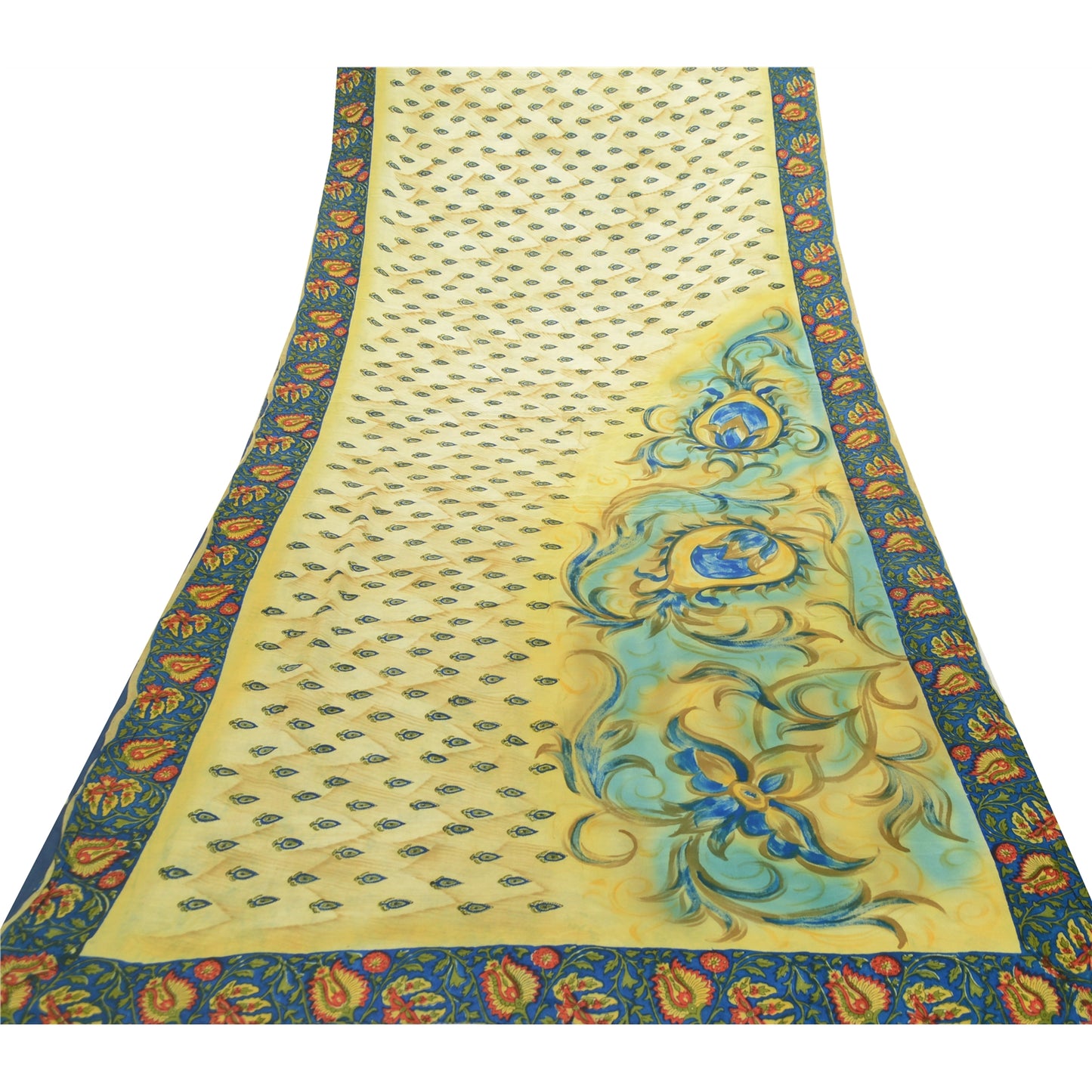 Sanskriti Vintage Sarees Cream Indian Pure Crepe Silk Printed Sari Craft Sustainable Fabric