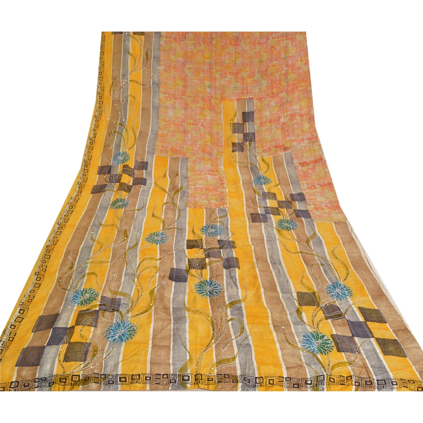 Sanskriti Vintage Sarees Hand Beaded Pure Crepe Silk Printed Sari Craft Sustainable Fabric