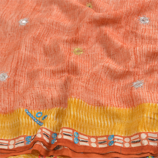 Sanskriti Vintage Sarees Peach Hand Beaded Pure Crepe Silk Sari 5yd Craft Sustainable Fabric