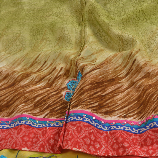Sanskriti Vintage Sarees Green Hand Bead Print Pure Crepe Silk Sari Craft Sustainable Fabric