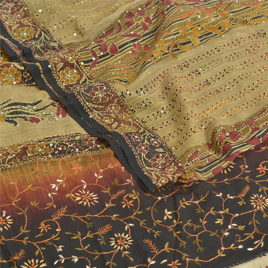 Sanskriti Vintage Sarees Hand Beaded Kantha Pure Crepe Silk Sari Printed Sustainable Fabric