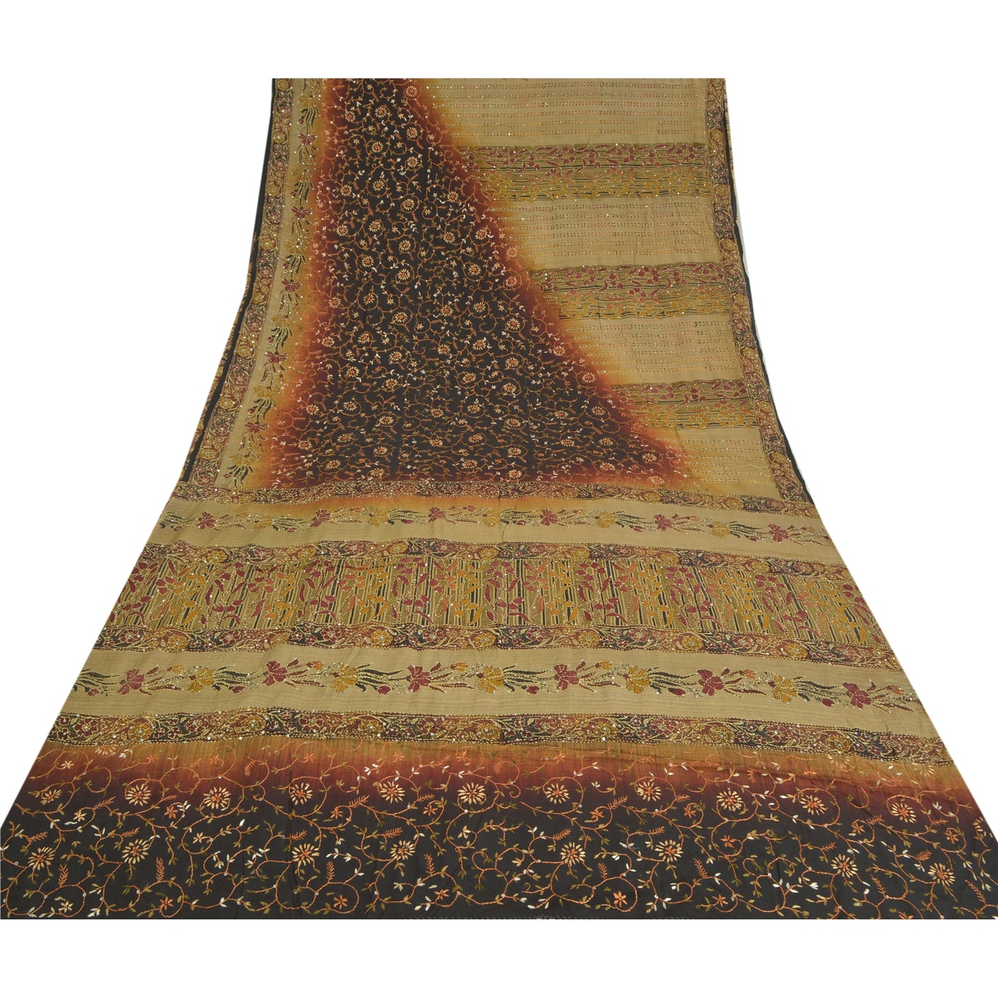 Sanskriti Vintage Sarees Hand Beaded Kantha Pure Crepe Silk Sari Printed Sustainable Fabric