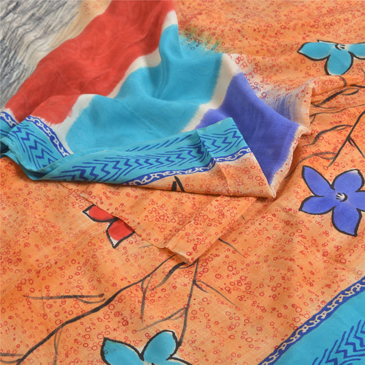 Sanskriti Vintage Sarees Peach Indian Pure Crepe Silk Sari Printed Craft Sustainable Fabric
