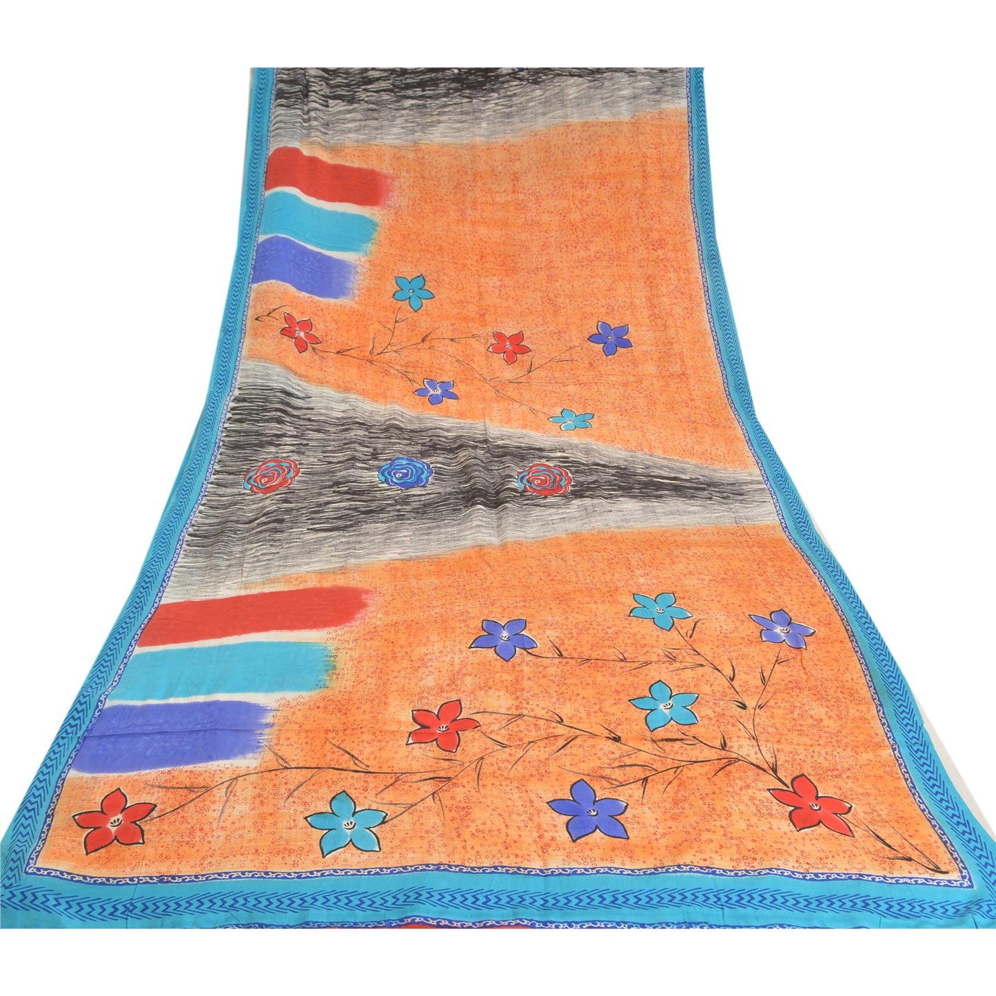 Sanskriti Vintage Sarees Peach Indian Pure Crepe Silk Sari Printed Craft Sustainable Fabric