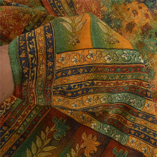 Sanskriti Vintage Sarees Multi Printed Pure Crepe Silk Sari Floral Craft Sustainable Fabric