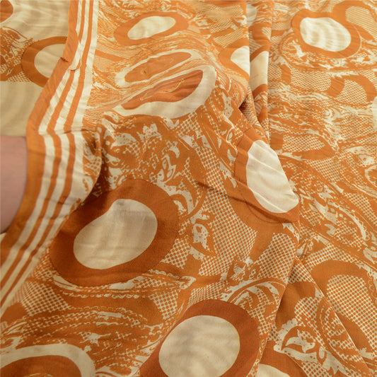 Sanskriti Vintage Sarees Ivory Indian Pure Crepe Silk Printed Sari Craft Sustainable Fabric