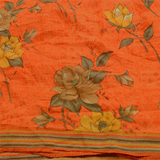 Sanskriti Vintage Sarees Orange Indian Pure Crepe Silk Printed Sari Craft Sustainable Fabric
