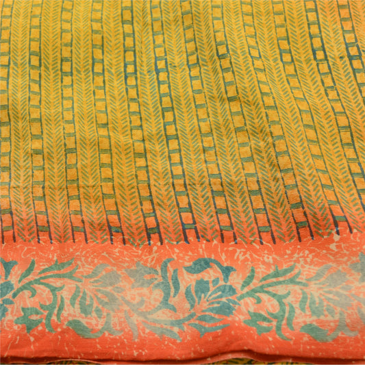 Sanskriti Vintage Sarees Yellow Indian Pure Crepe Silk Printed Sari Craft Sustainable Fabric