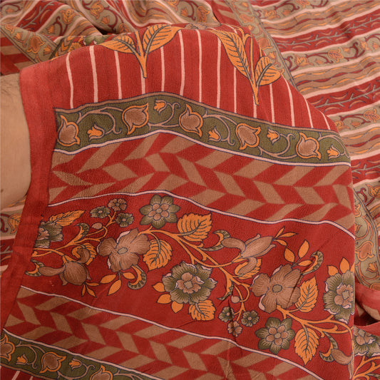 Sanskriti Vintage Sarees Red Indian Printed Pure Crepe Silk Sari Craft Sustainable Fabric