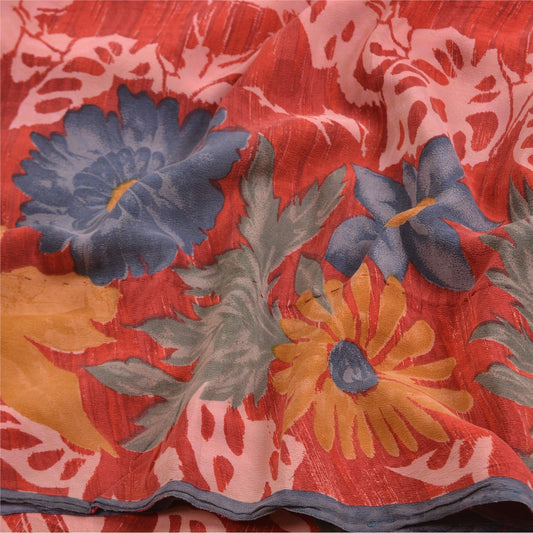 Sanskriti Vintage Sarees Red From India Print Pure Crepe Silk Sari Craft Sustainable Fabric
