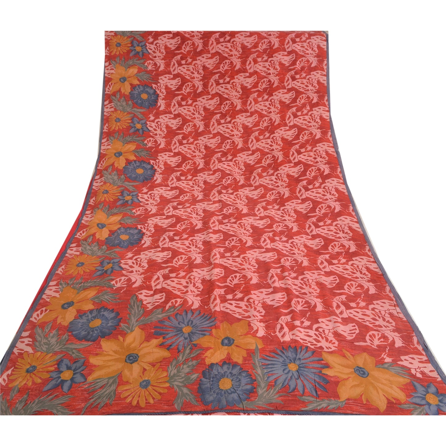 Sanskriti Vintage Sarees Red From India Print Pure Crepe Silk Sari Craft Sustainable Fabric