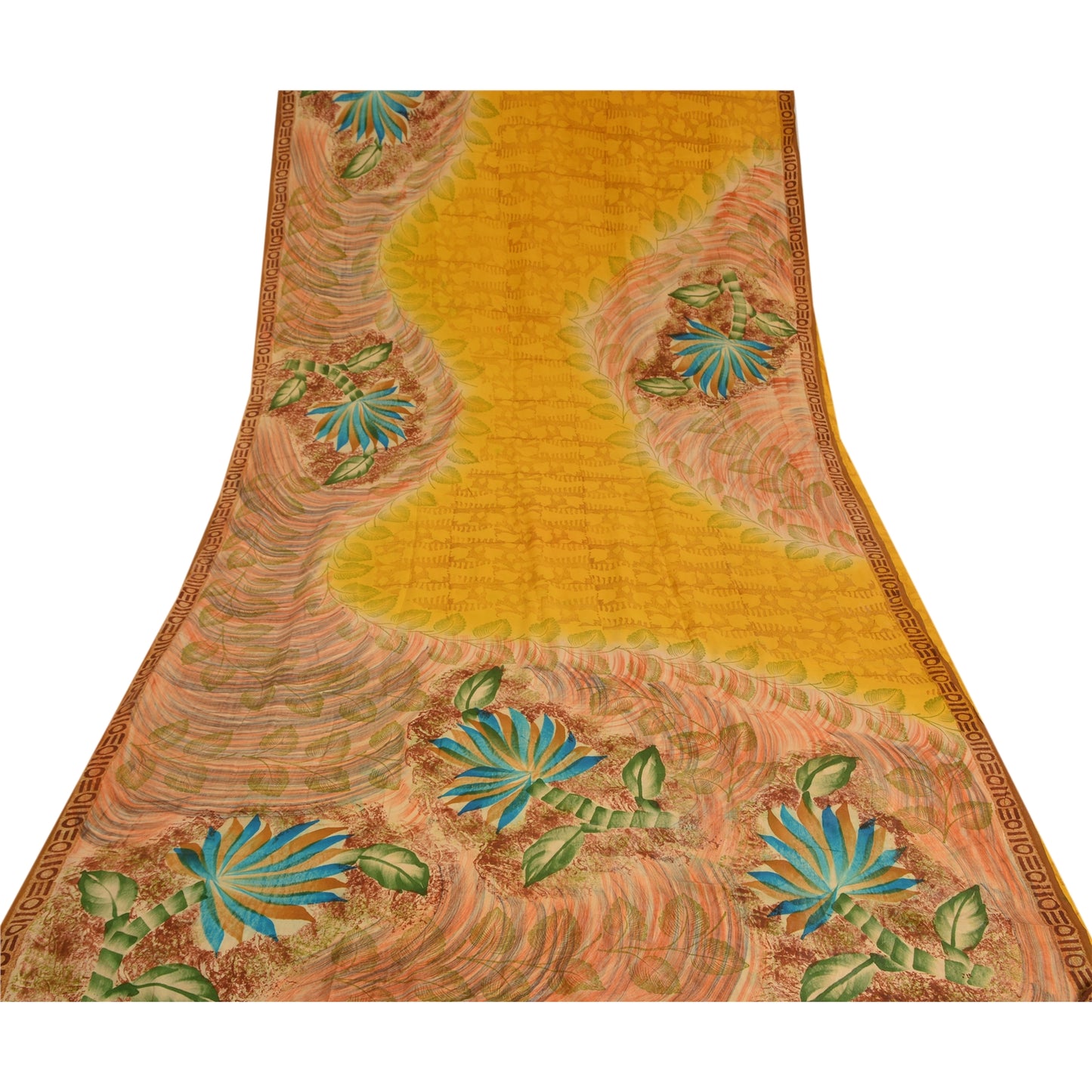 Sanskriti Vintage Sarees Yellow Printed Pure Crepe Silk Sari Soft Craft Sustainable Fabric