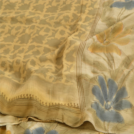 Sanskriti Vintage Sarees From India Green Pure Crepe Silk Printed Sari Sustainable Fabric