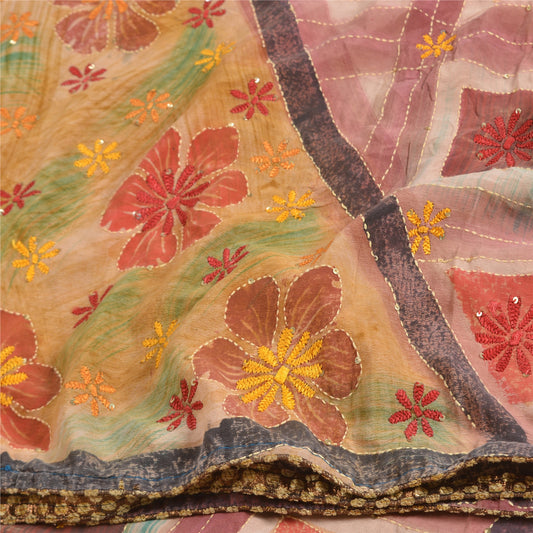Sanskriti Vintage Sarees Hand Beaded Kantha Pure Crepe Silk Printed Sari Sustainable Fabric