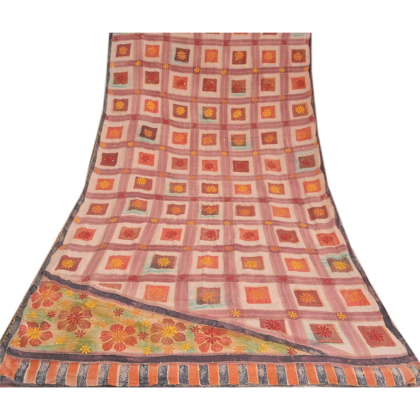 Санскритские винтажные сари, расшитые вручную бисером, кантха, чистый креп-шелк, напечатанное сари, устойчивая ткань