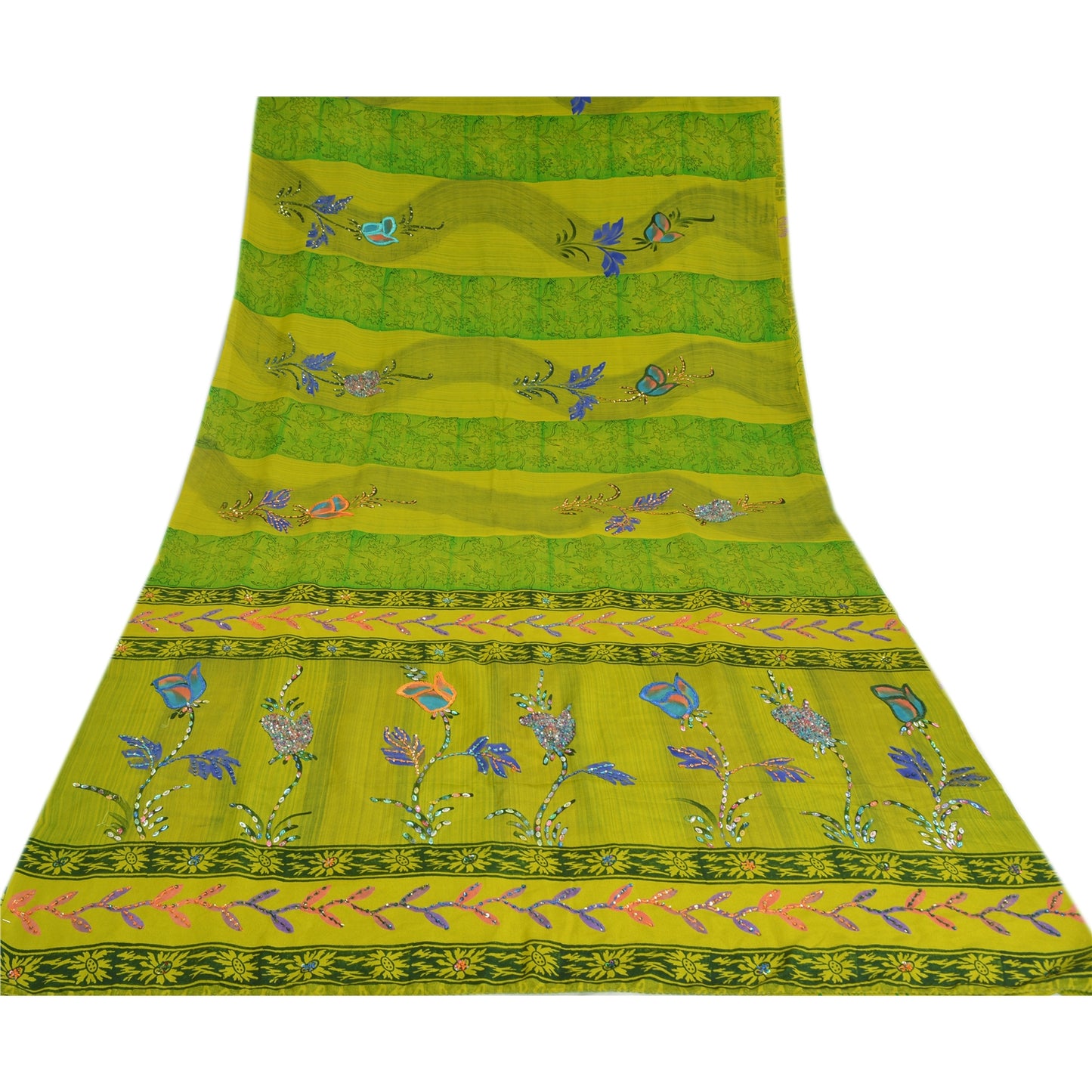 Sanskriti Vintage Sarees Green Hand Beaded Pure Crepe Silk Printed Sari Sustainable Fabric