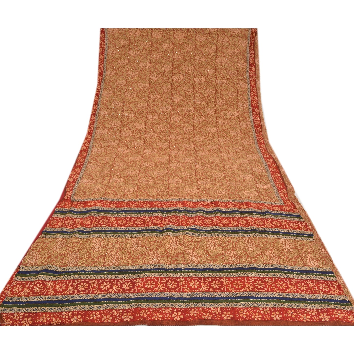 Sanskriti Vintage Sarees Hand Beaded Kantha Printed Pure Crepe Silk Sari Sustainable Fabric