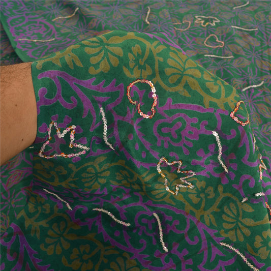 Sanskriti Vintage Sarees Green Hand Beaded Pure Crepe Silk Printed Sari Sustainable Fabric