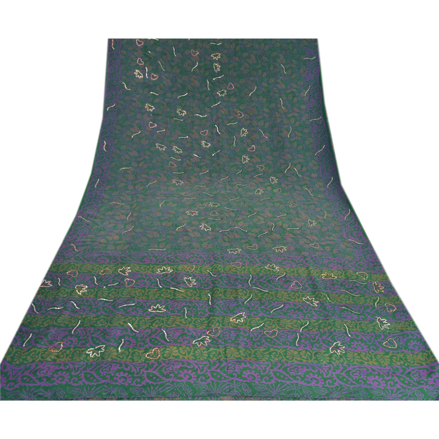 Sanskriti Vintage Sarees Green Hand Beaded Pure Crepe Silk Printed Sari Sustainable Fabric