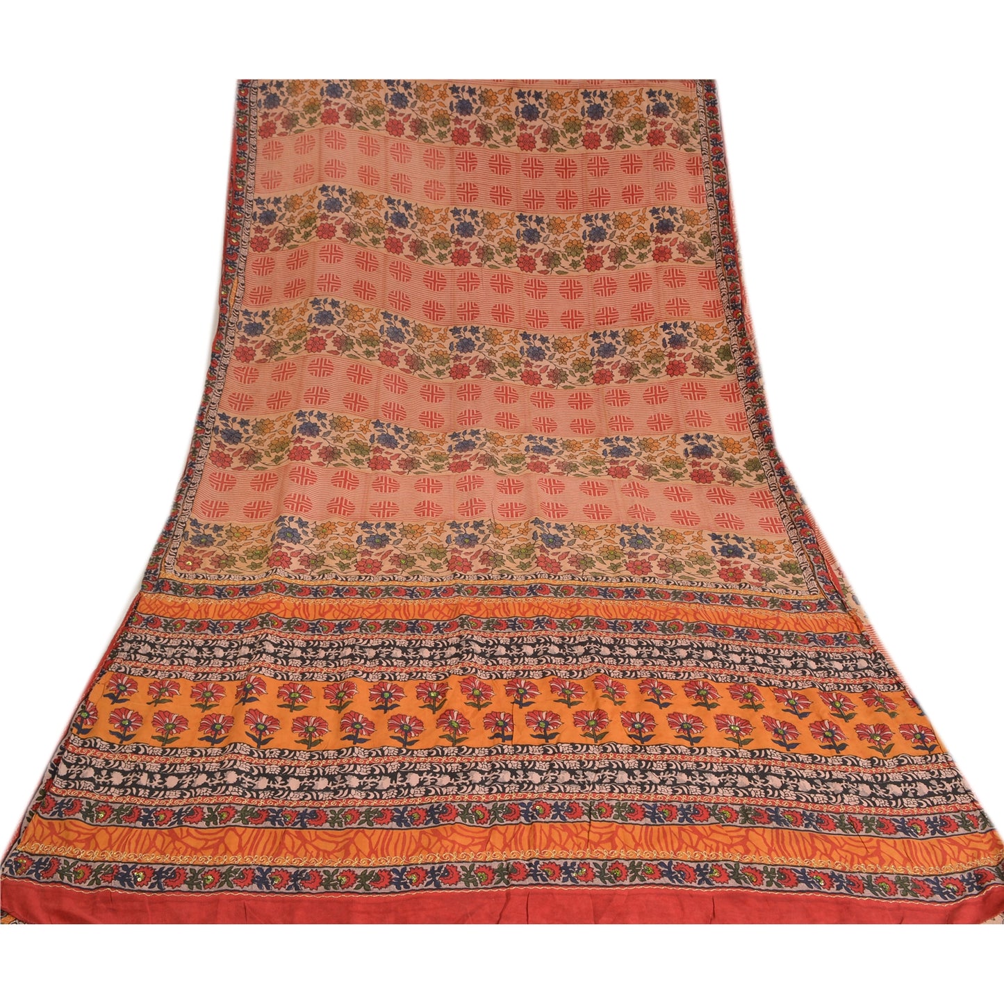 Санскритские винтажные сари из натурального шелка с ручным бисером, напечатанное сари из экологически чистой ткани