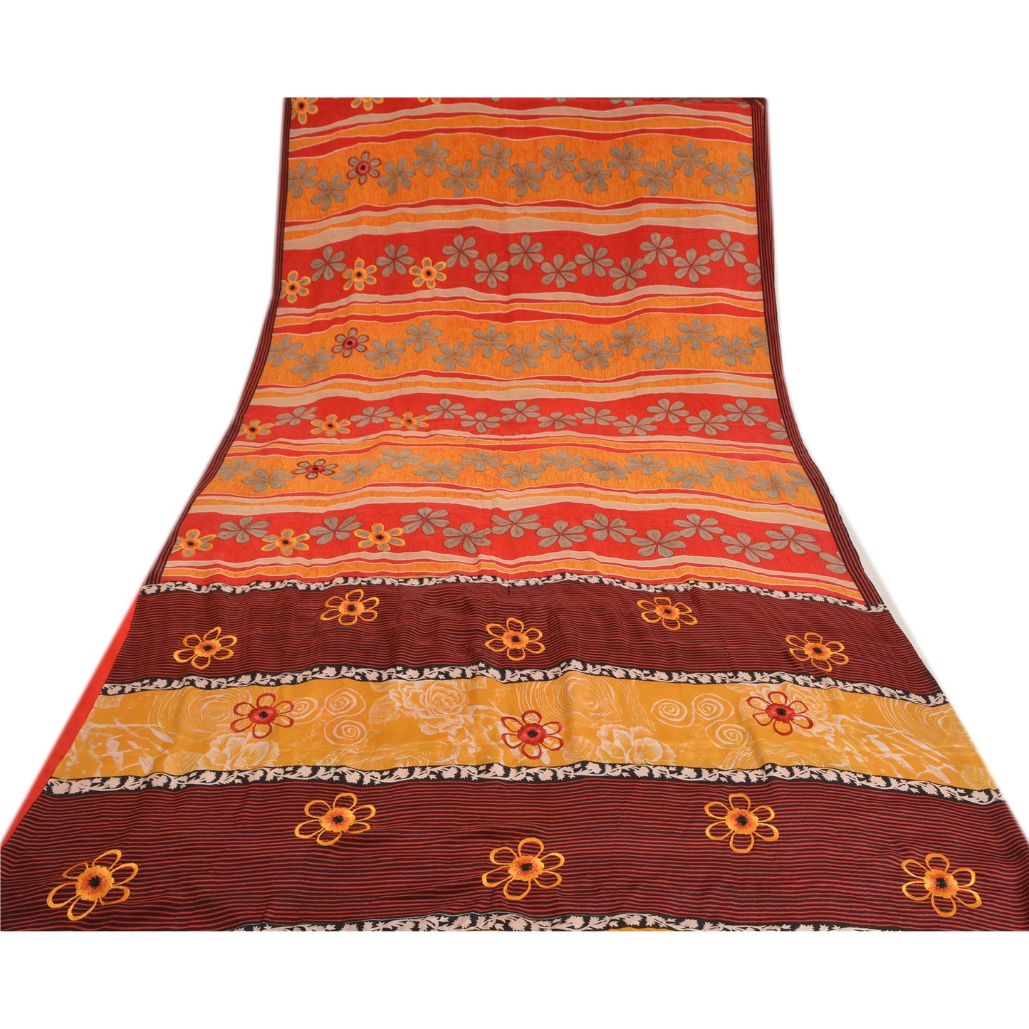 Sanskriti Vintage Sarees Rød Ren Crepe Silke Trykt Sari Blomster Håndværk Bæredygtigt Stof