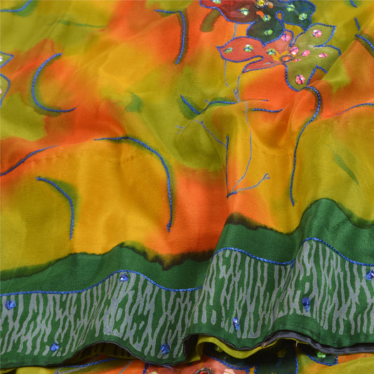 Sanskriti Vintage Sarees Multi Hand Beaded Pure Crepe Silk Printed Sari Sustainable Fabric