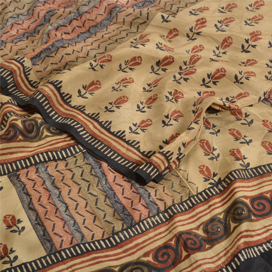 Sanskriti Vintage Sarees Pale-Cream Pure Crepe Silk Printed Sari Craft Sustainable Fabric