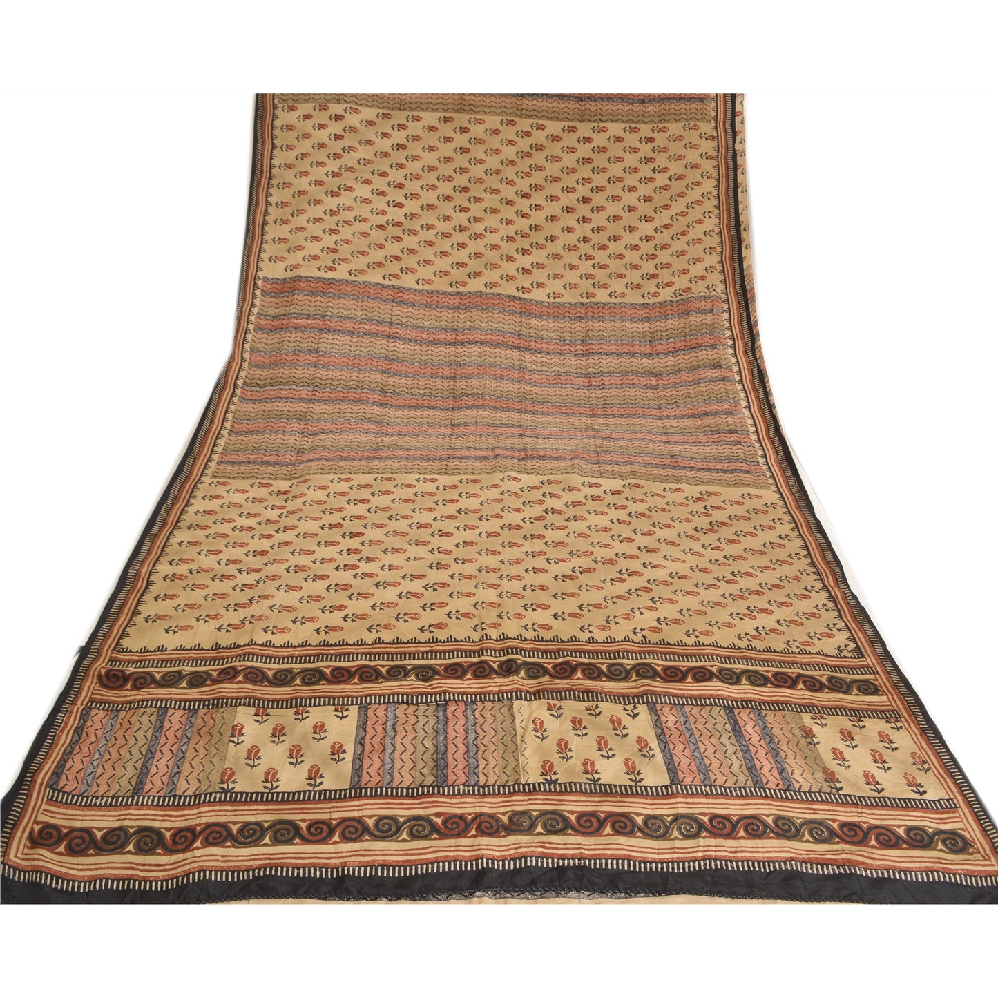 Санскритские винтажные сари из бледно-кремового чистого крепированного шелка с принтом для сари из экологически чистой ткани