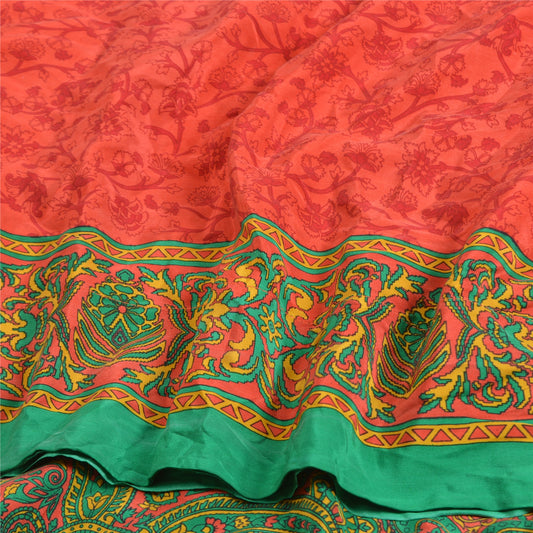 Sanskriti Vintage Sarees Indian Red Pure Crepe Silk Printed Sari Craft Sustainable Fabric