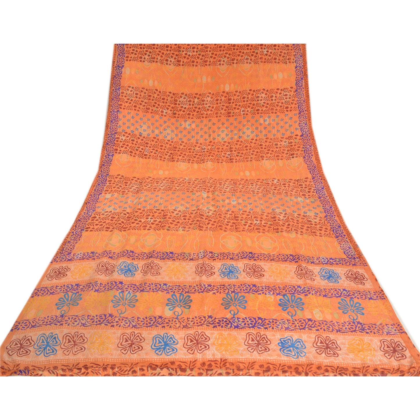 Sanskriti Vintage Sarees Indian Peach Printed Pure Crepe Silk Sari Craft Sustainable Fabric