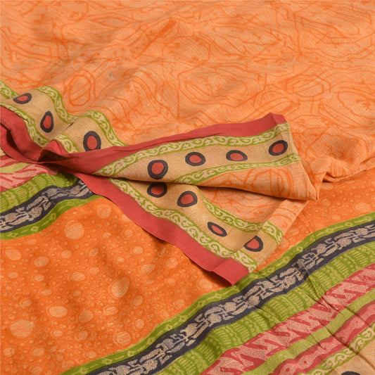 Sanskriti Vintage Sarees Indisk Orange Ren Crepe Silke Trykt Sari Håndværk Bæredygtigt Stof