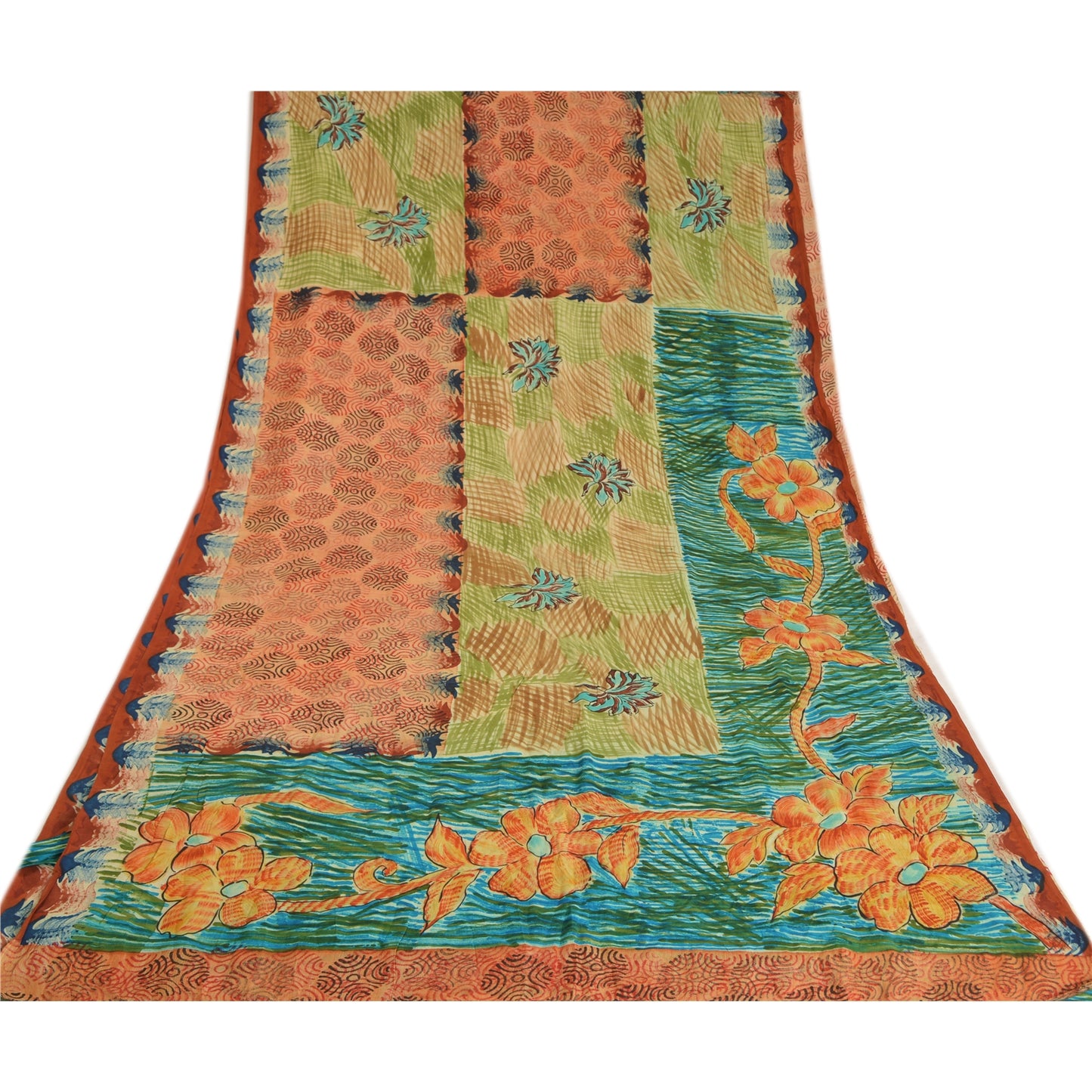 Sanskriti Vintage Sarees Orange Pure Crepe Silk Printed Sari Soft Craft Sustainable Fabric