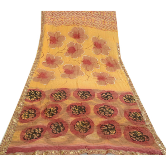 Sanskriti Vintage 100% Pure Crepe Silk Red/Yellow Printed Saree 5 Yd Craft Fabric Pre-Owned Indian Upcycled Recycled Remnant