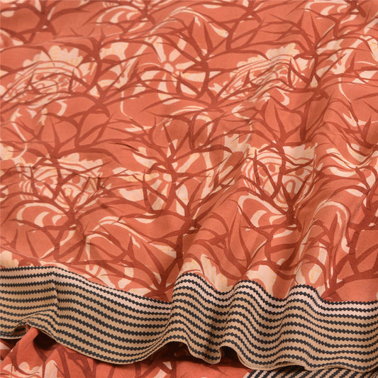 Sanskriti Vintage Sarees Brick Red Pure Crepe Silk Printed Sari 5yd Craft Sustainable Fabric