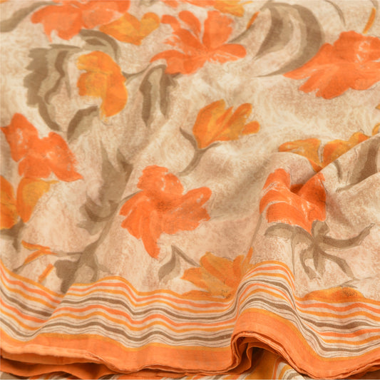 Sanskriti Vintage Sarees Cream Pure Crepe Silk Printed Sari Floral Craft Sustainable Fabric