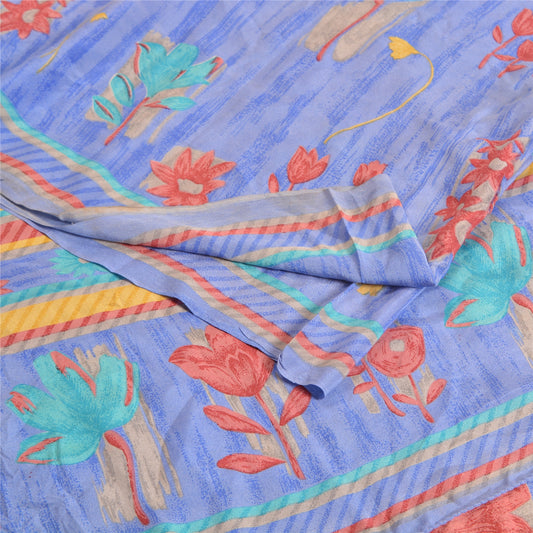 Sanskriti Vintage Sarees Indian Blue Pure Crepe Silk Printed Sari Craft Sustainable Fabric