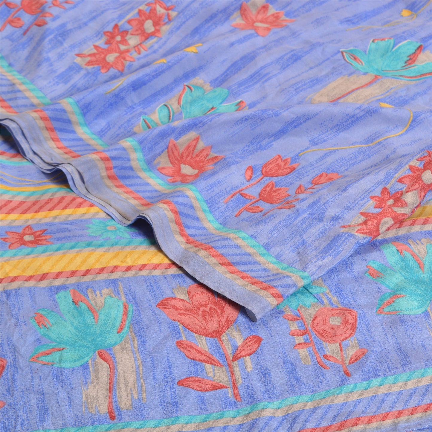 Санскритские винтажные сари индийский синий чистый креп шелк напечатанный сари ремесло устойчивая ткань