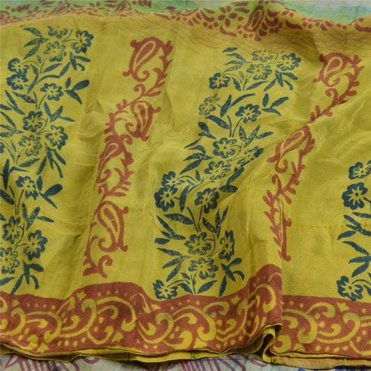 Sanskriti Vintage Sarees Green Block Print Pure Crepe Silk Sari 5yd Craft Sustainable Fabric