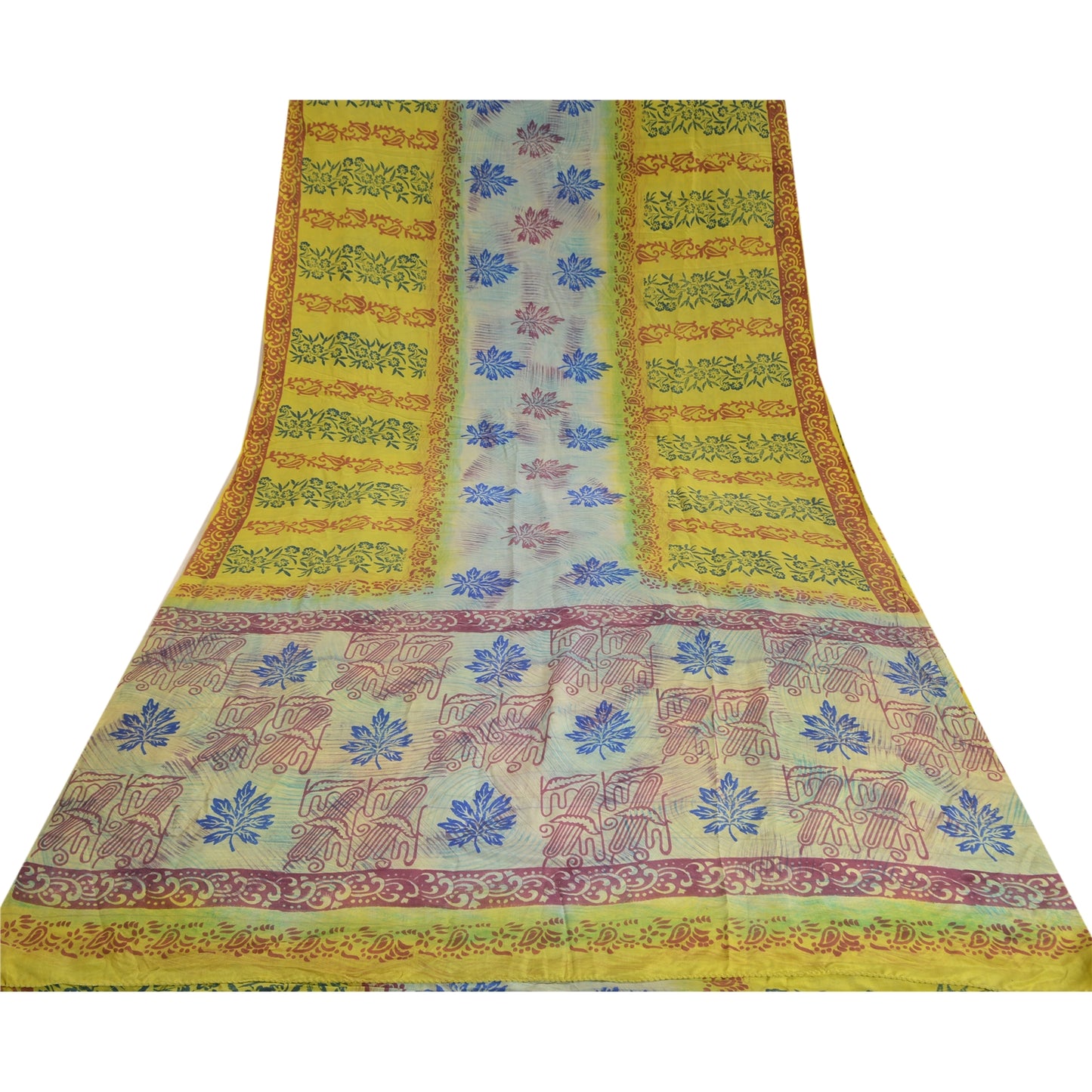 Sanskriti Vintage Sarees Green Block Print Pure Crepe Silk Sari 5yd Craft Sustainable Fabric