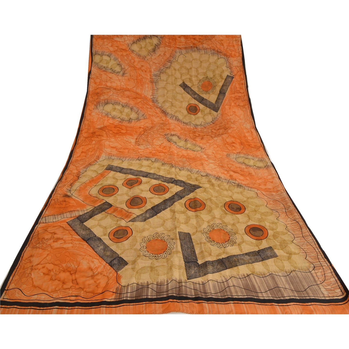 Sanskriti Vintage Sarees Peach 100% Pure Crepe Silk Printed Sari Craft Sustainable Fabric