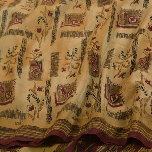 Sanskriti Vintage Sarees Cream Pure Crepe Silk Printed Sari Soft Craft Sustainable Fabric