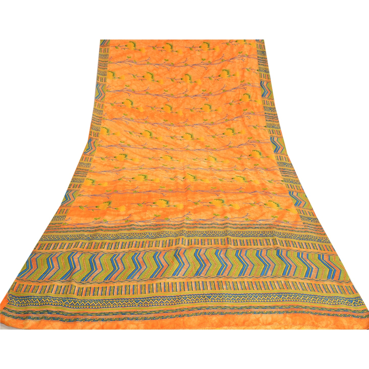 Sanskriti Vintage Sarees Orange Indian Pure Crepe Silk Printed Sari Craft Sustainable Fabric