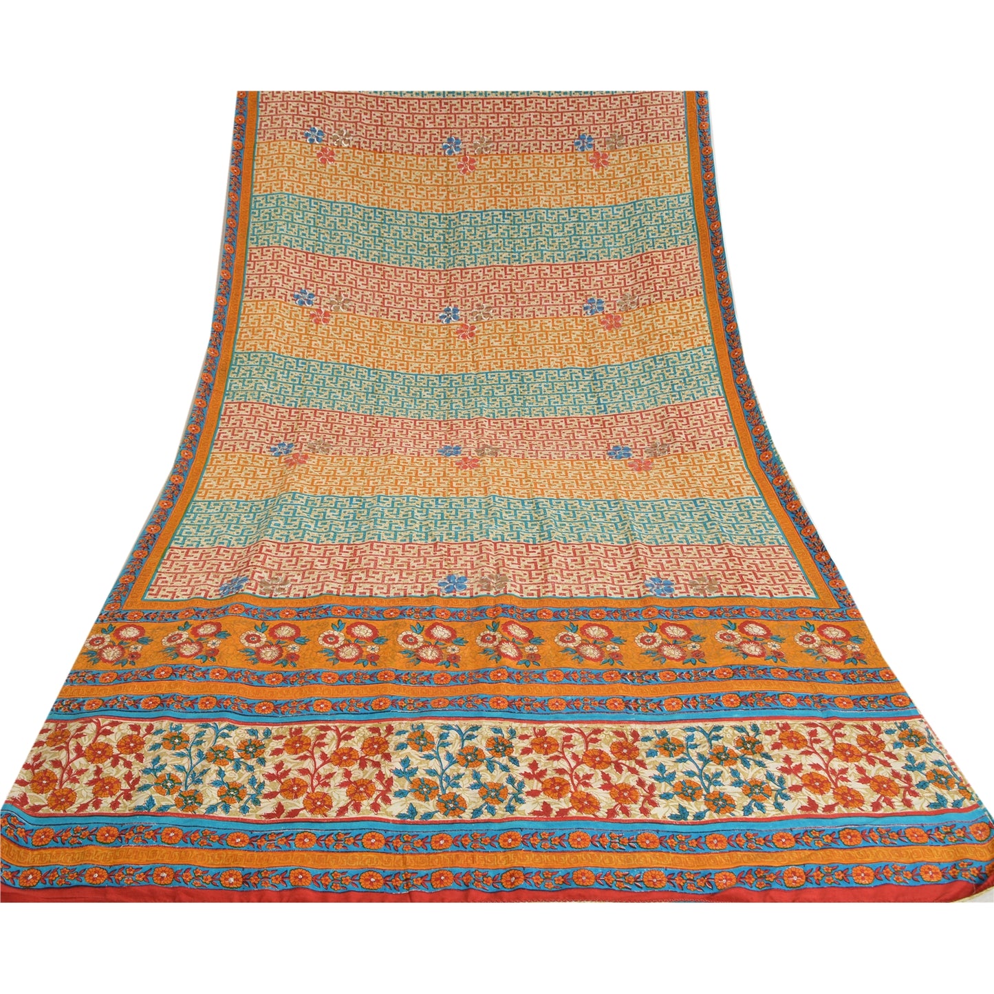 Sanskriti Vintage Sarees Multi Pure Crepe Silk Printed Sparkle Sari Craft Sustainable Fabric