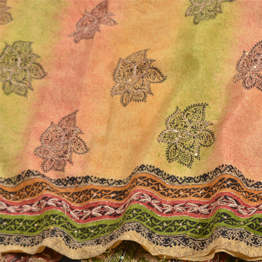 Sanskriti Vintage Sarees Beige Hand Beaded Pure Crepe Silk Printed Sari Sustainable Fabric