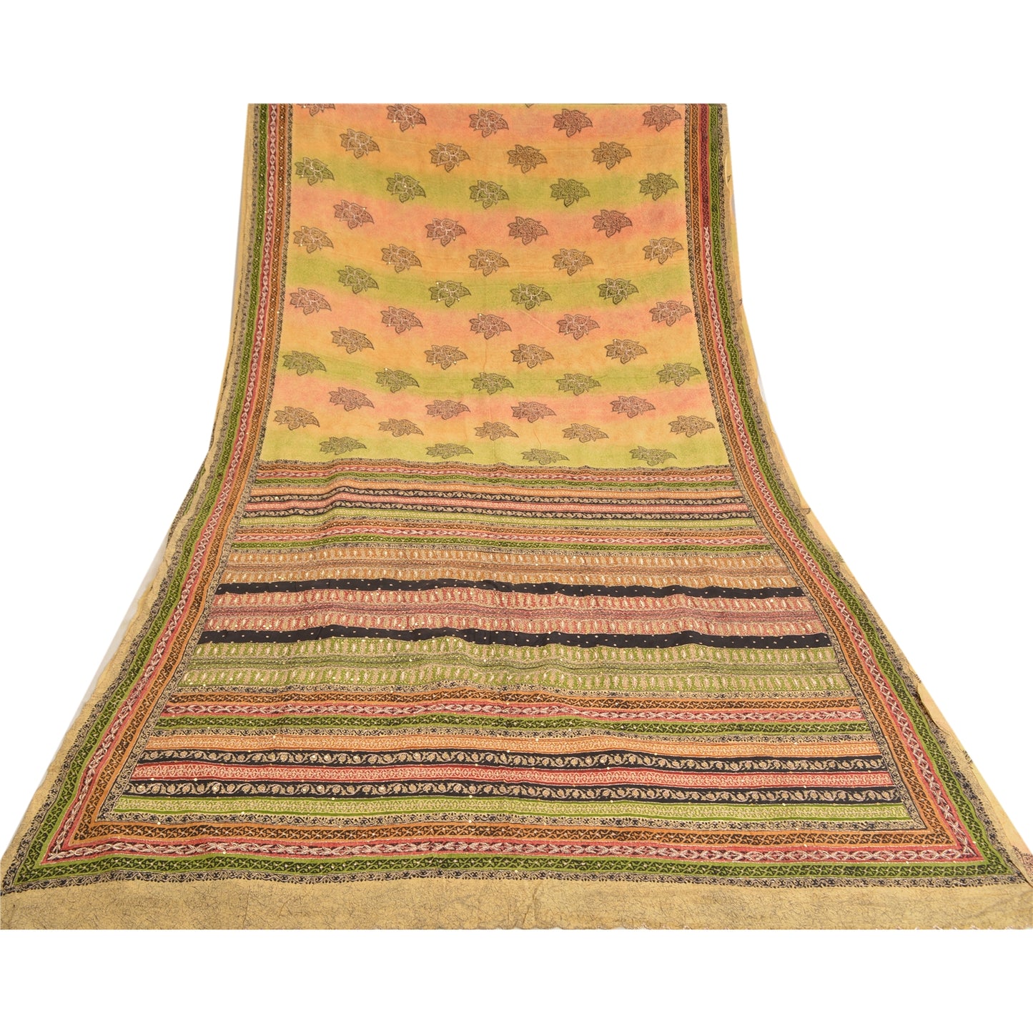 Sanskriti Vintage Sarees Beige Hand Beaded Pure Crepe Silk Printed Sari Sustainable Fabric