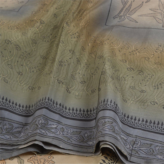 Sanskriti Vintage Sarees Green Pure Crepe Silk Block Printed Sari Craft Sustainable Fabric