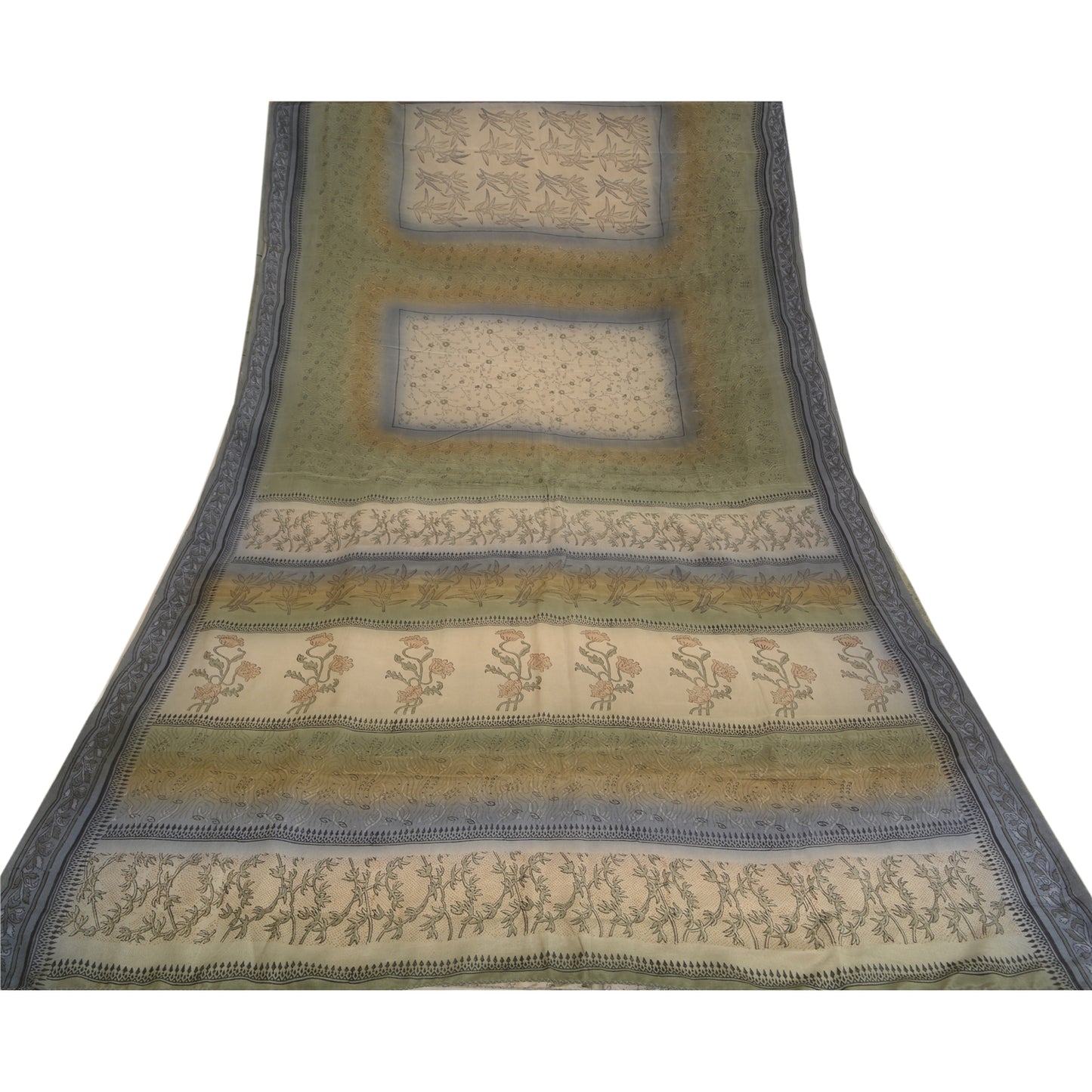 Sanskriti Vintage Sarees Green Pure Crepe Silk Block Printed Sari Craft Sustainable Fabric