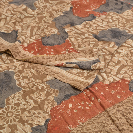 Sanskriti Vintage Sarees Brown 100% Pure Crepe Silk Printed Sari Craft Sustainable Fabric
