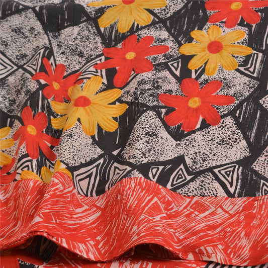 Sanskriti Vintage Sarees Black Indian Printed Pure Crepe Silk Sari Craft Sustainable Fabric